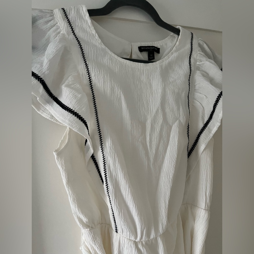 Banana Republic White Mini Dress Black Trim Ruffle Sleeve Tie Waist Size M - Picture 4 of 6